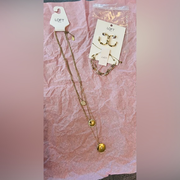 LOFT Gold Jewelry Set, Multi Layered Necklace, Hoop Earrings, & Beaded Bracelet - Picture 3 of 16